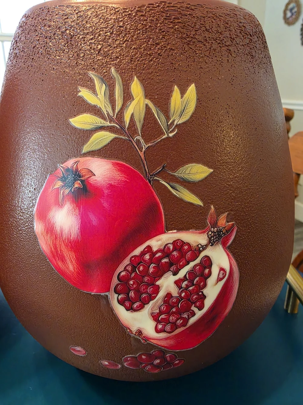 Pair of ceramic pomegranate decorative jars/vases Reddish-brown finish